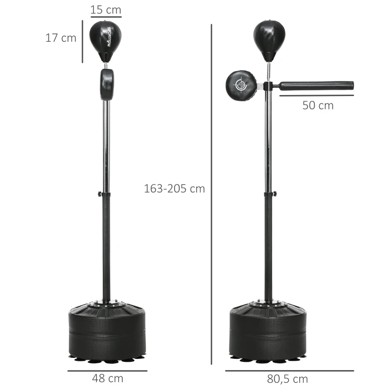 SPORTNOW Punchingball ajustável em altura, giratório 360°, incl. bandagens de boxe, Preto, 80,5 x 48 x 163-205 cm