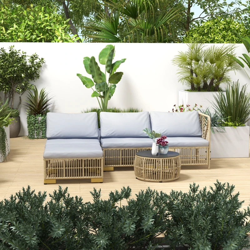 Outsunny Conjunto de jardim, 5 peças, incl. almofadas de assento, rattan sintético, estrutura de aço inoxidável, cinza claro