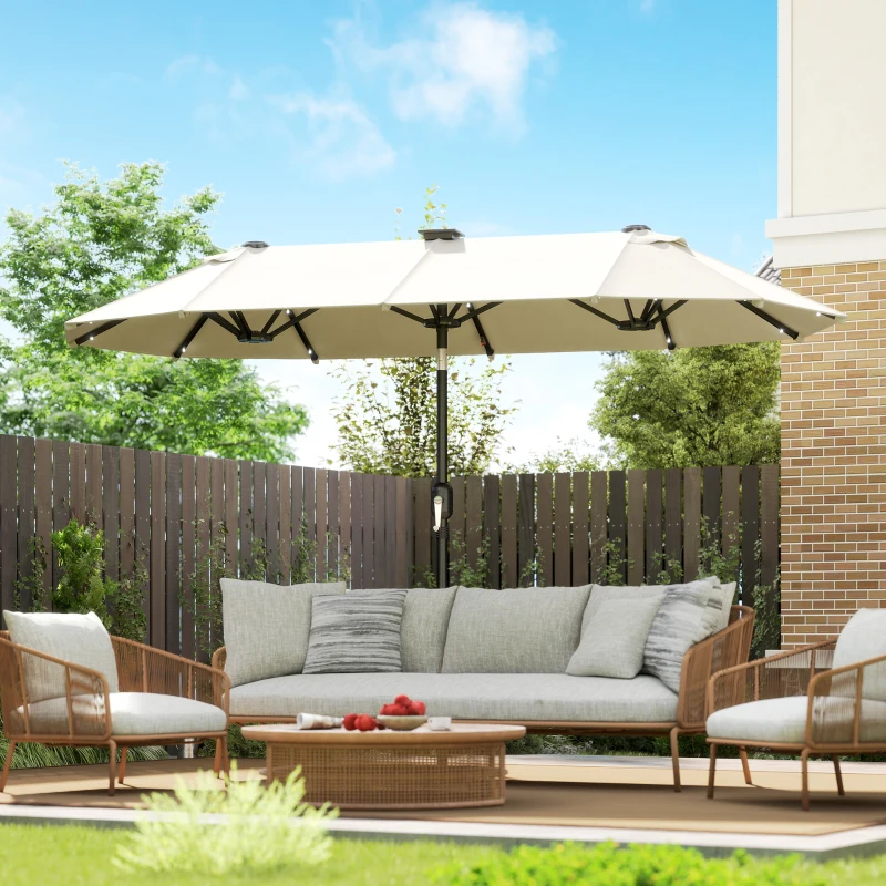Outsunny Guarda-sol duplo, guarda-sol para terraço, inclinável, com painel solar, 35 LEDs, estrutura em aço, bege, 2,92 x 1,50 x 2,18 m