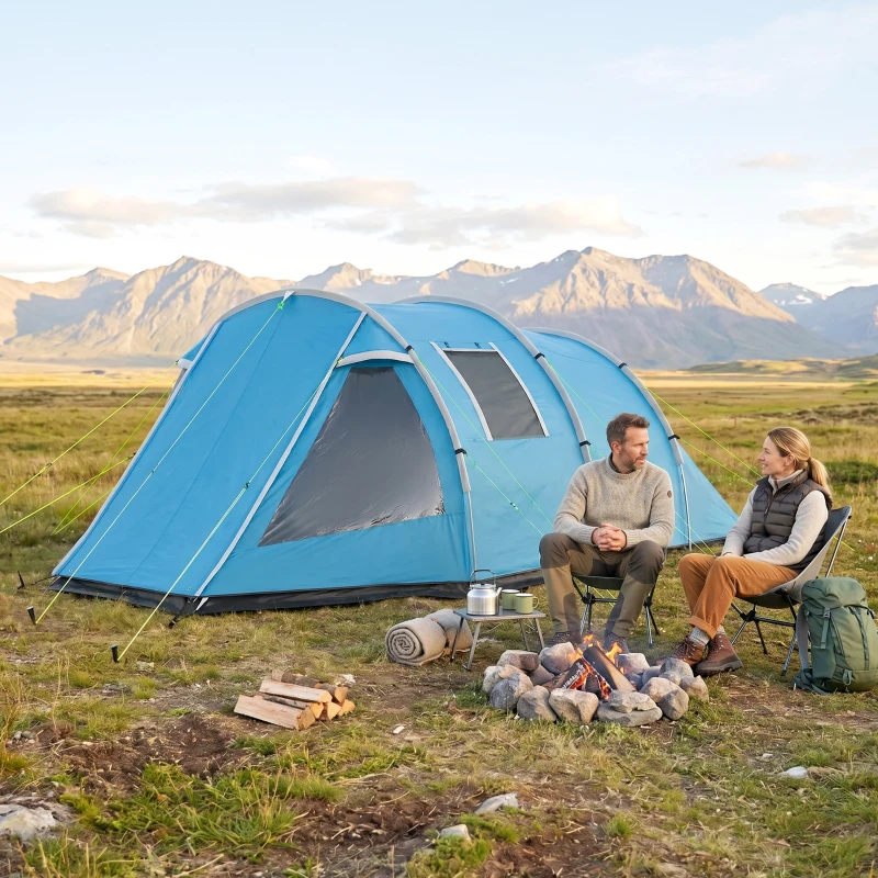 Outsunny Tenda de camping Trekking, resistente às intempéries, 2 compartimentos, 475 x 264 cm largura x 172 cm, Azul