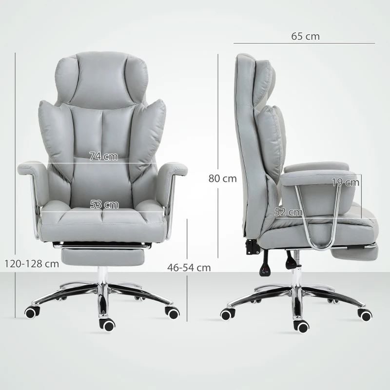 HOMCOM Cadeira de Escritório Ergonómica Estofada com Apoio para os Pés Encosto Ajustável Giratória 360° Cinza Claro