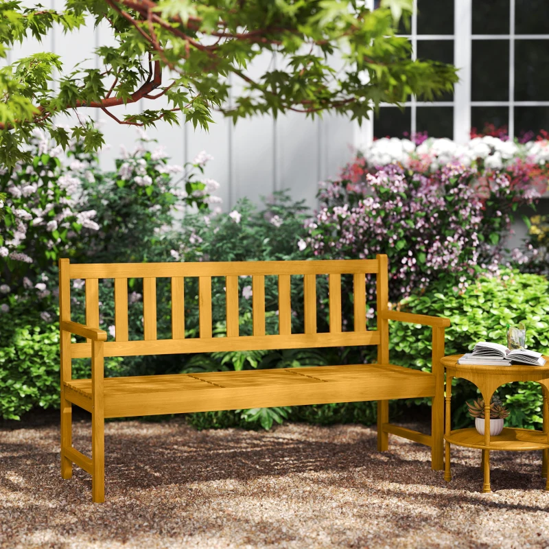 Outsunny Banco de Jardim 2 Lugares em Madeira Banco Resistente às Intempéries com Encosto e Apoios de Braços Capacidade 320 kg 149x56,5x89 cm Teca