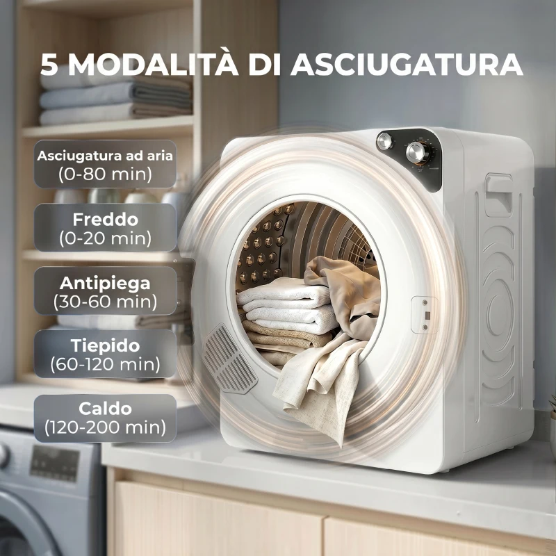 HOMCOM Asciugatrice Portatile da 1000W con 5 Programmi e Timer, in PCM e Acciaio Inox, 49x43x61 cm, Bianco