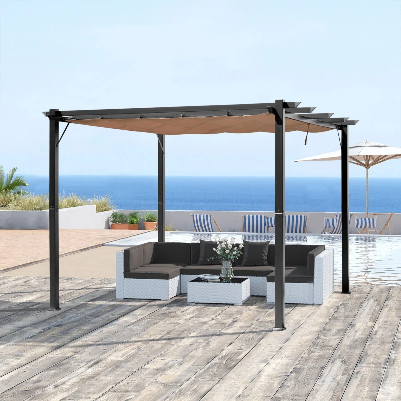Outsunny Pérgola Pavilhão com toldo de tecido ajustável 3 x 4 m - Cobertura de varanda em alumínio para proteção solar, terraço e jardim - Cinza+Marrom