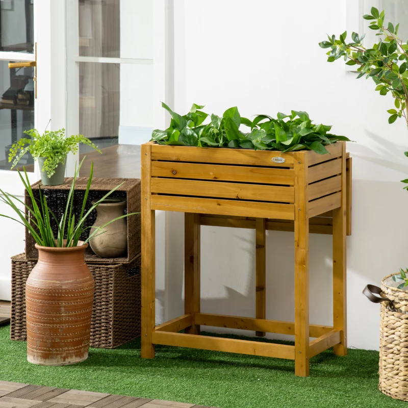 Outsunny Canteiro Elevado com superfície de trabalho dobrável, madeira maciça lacada, forro interno em tecido não tecido, 64cm x 63cm x 74,5cm