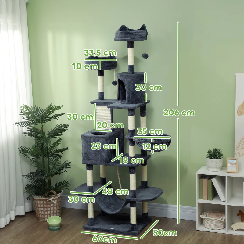 PawHut Arbre à chat 206 cm tour de jeux pour chat en peluche plusieurs niveaux idéal pour 1-3 chats 60 x 50 x 206 cm gris foncé