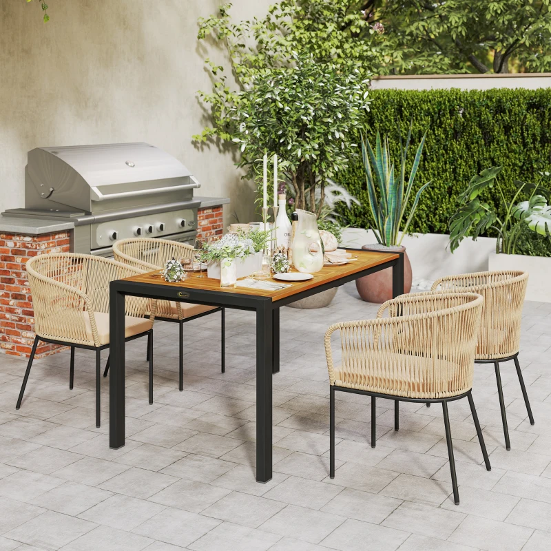 Outsunny Conjunto de jardim 5 peças, 4 cadeiras, 1 mesa, rattan sintético, estrutura em aço, almofadas laváveis, para terraço, Caqui