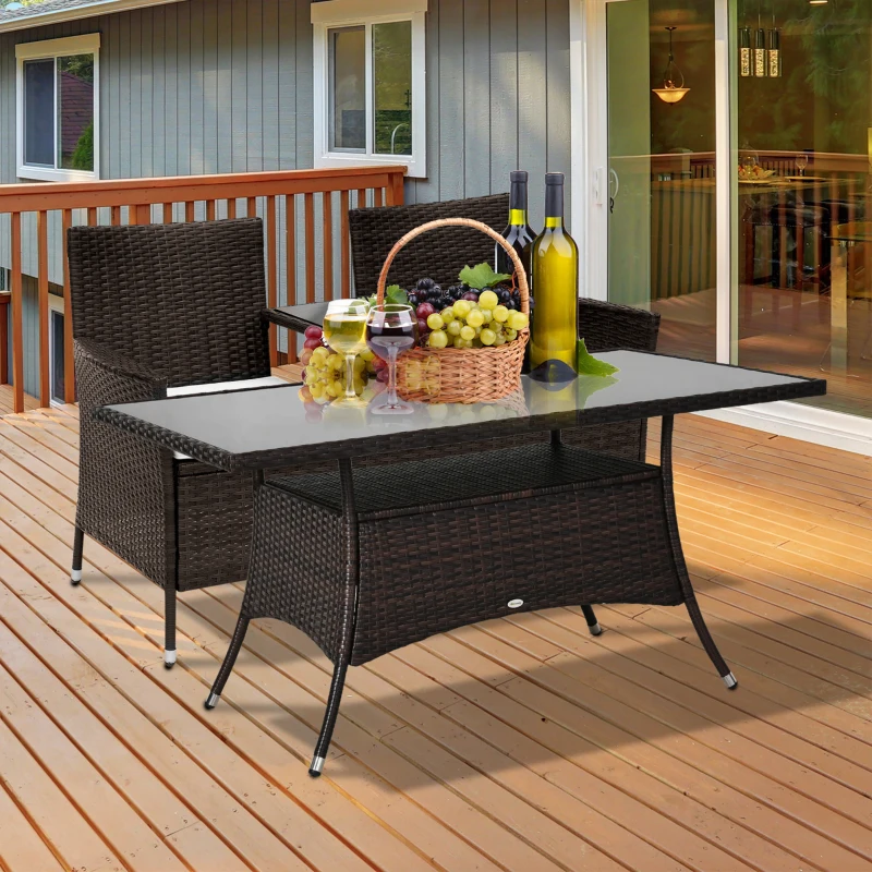 Outsunny Mesa de jardim Mesa de vidro Mesa de jantar Mobiliário de jardim, Polyrattan+Vidro de segurança, Castanho+Preto, 150x85x74cm