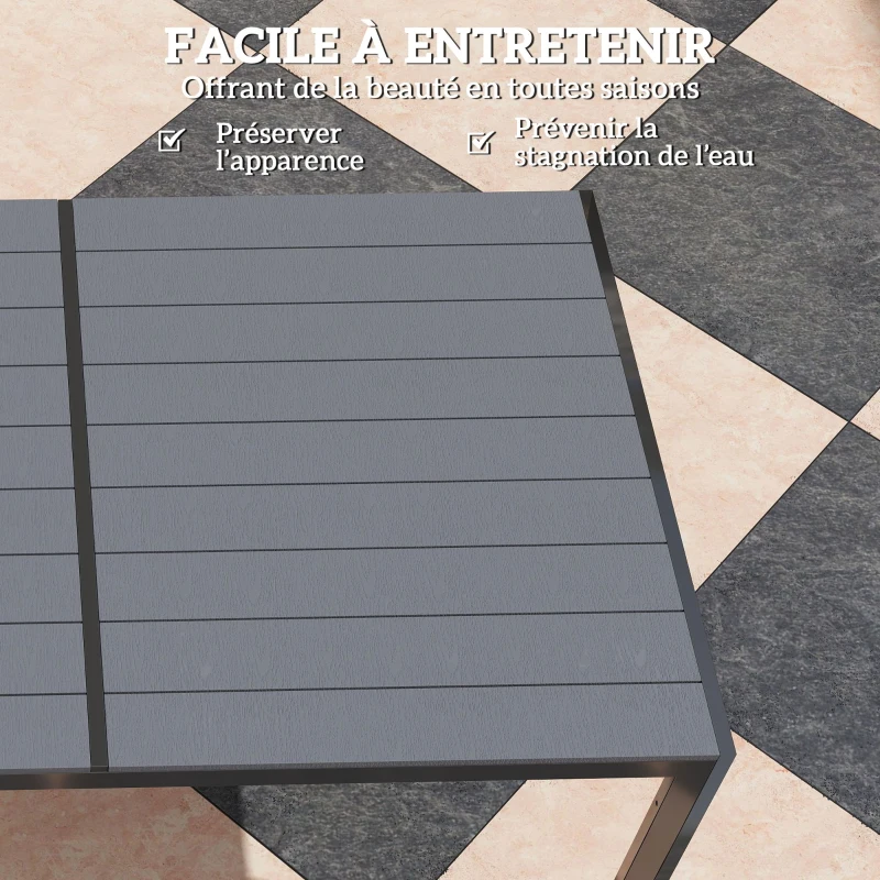 Outsunny Table de jardin extérieure avec 6 chaises empilables, plateau à lattes 150 cm, structure en acier anti-rouille, gris