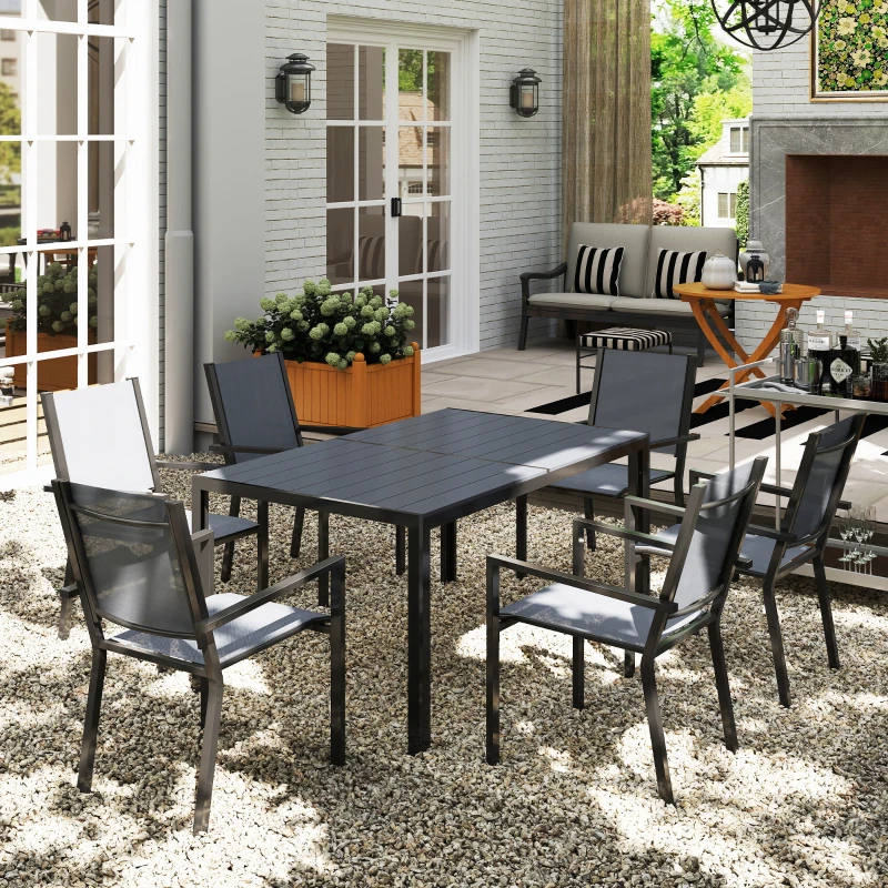 Outsunny Table de jardin extérieure avec 6 chaises empilables, plateau à lattes 150 cm, structure en acier anti-rouille, gris