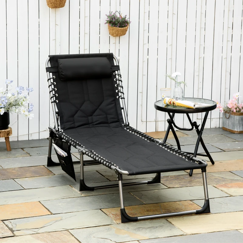 Outsunny espreguiçadeira, dobrável espreguiçadeira de jardim com almofada de cabeça, bolso lateral, espreguiçadeira com encosto regulável em 5 posições, espreguiçadeira de campismo resistente às intempéries até 130 kg, para jardim praia piscina, Preto