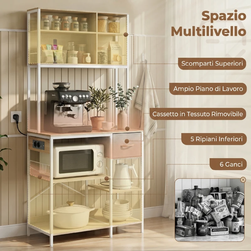 HOMCOM Estantería de Cocina Soporte de Microondas con Estantes y 6 Ganchos para Espacios Reducidos 80x40x181 cm Roble