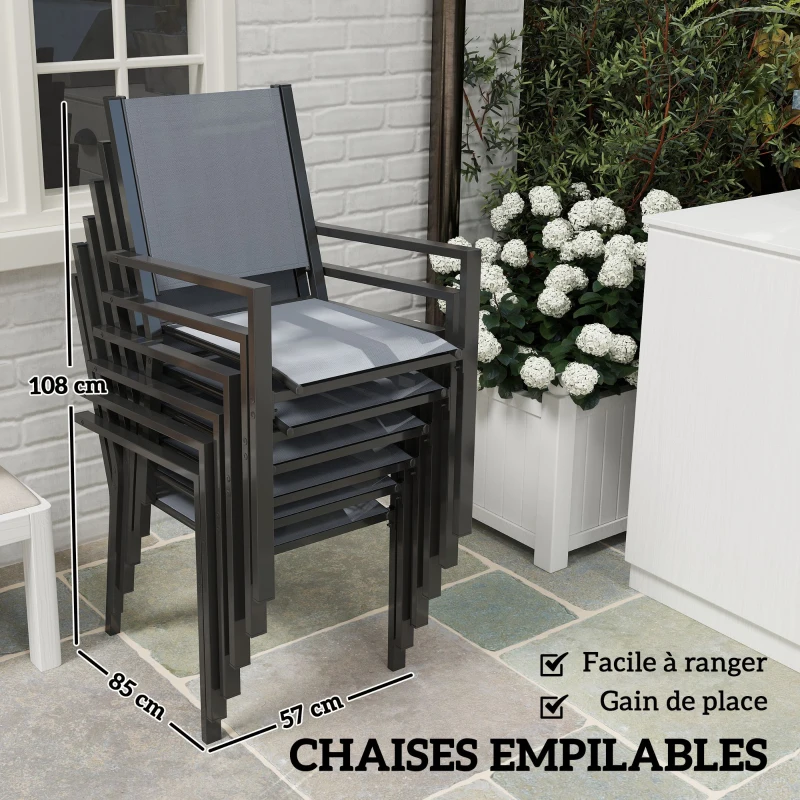 Outsunny Table de jardin extérieure avec 6 chaises empilables, plateau à lattes 150 cm, structure en acier anti-rouille, gris