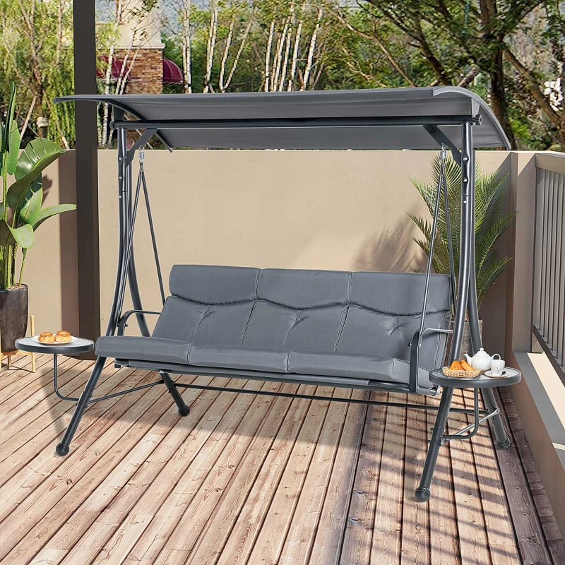 Outsunny Balanço Hollywood com Mesinhas, Balanço de Jardim 3 lugares com Toldo Ajustável 271 x 125 x 172 cm, Cinza