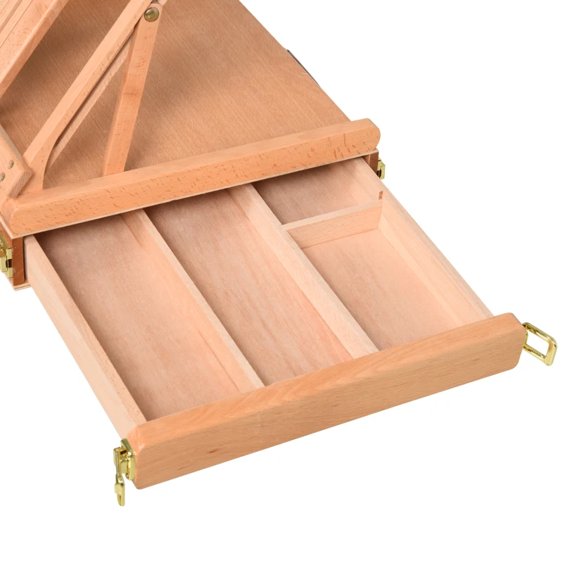 HOMCOM Cavalete de Mesa, Cavalete com Ajuste de Ângulo e Alça, Cavalete tipo Estojo para Pintura & Desenho, Cavalete de Estúdio Dobrável com Gaveta, Madeira de faia, Natural