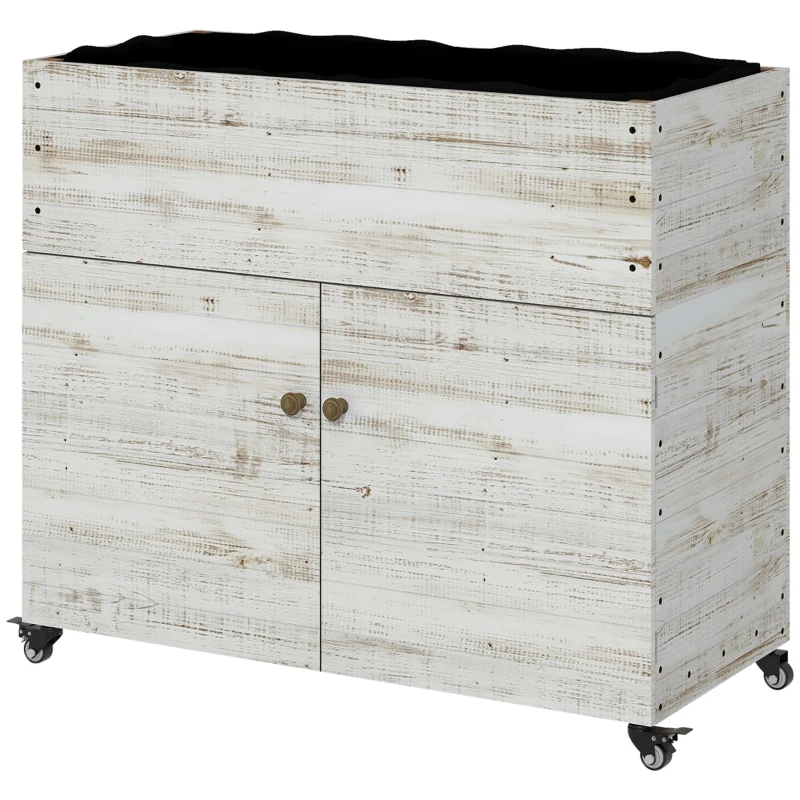 Outsunny Canteiro elevado com rodízios, compartimento com armário, forro interior, visual envelhecido, 110x50x95 cm, Branco