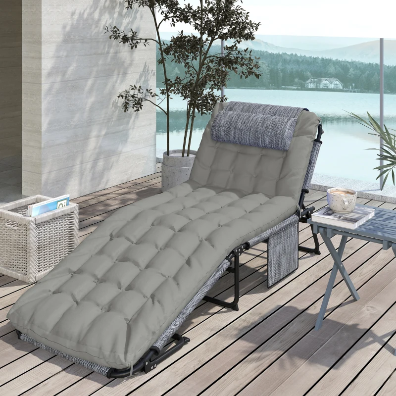 Outsunny Espreguiçadeira, encosto ajustável em 4 níveis, almofada, bolso lateral, apoio de cabeça, 68 x 189 x 33 cm, Cinza