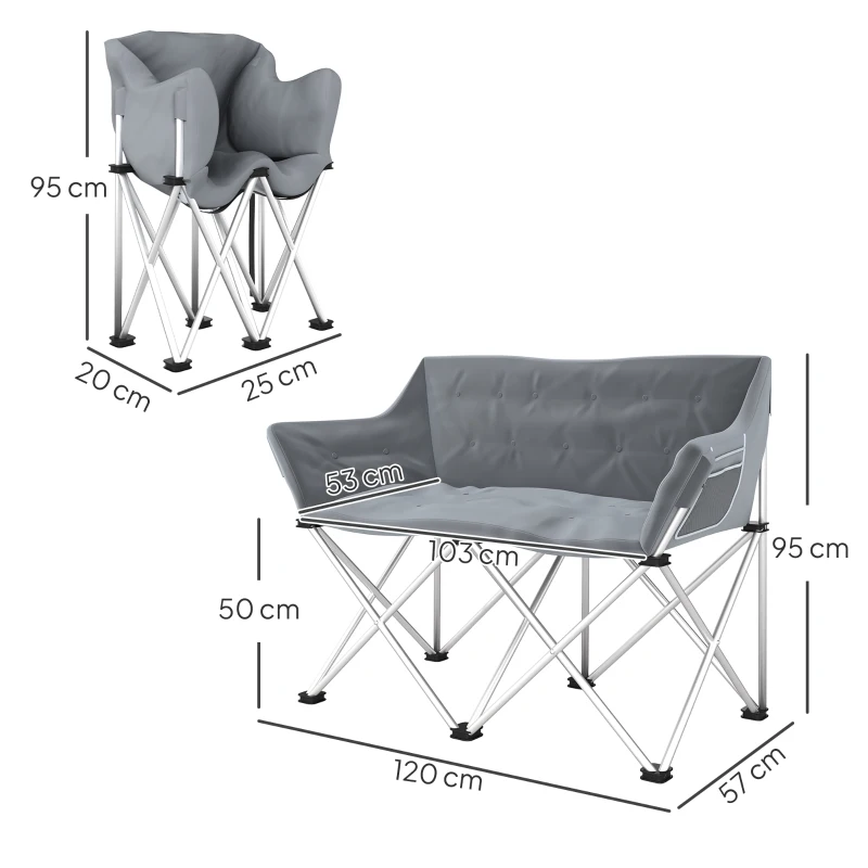 Outsunny Cadeira Dobrável 2 Lugares com Apoios de Braço e Bolso Lateral, até 240kg, Cinza