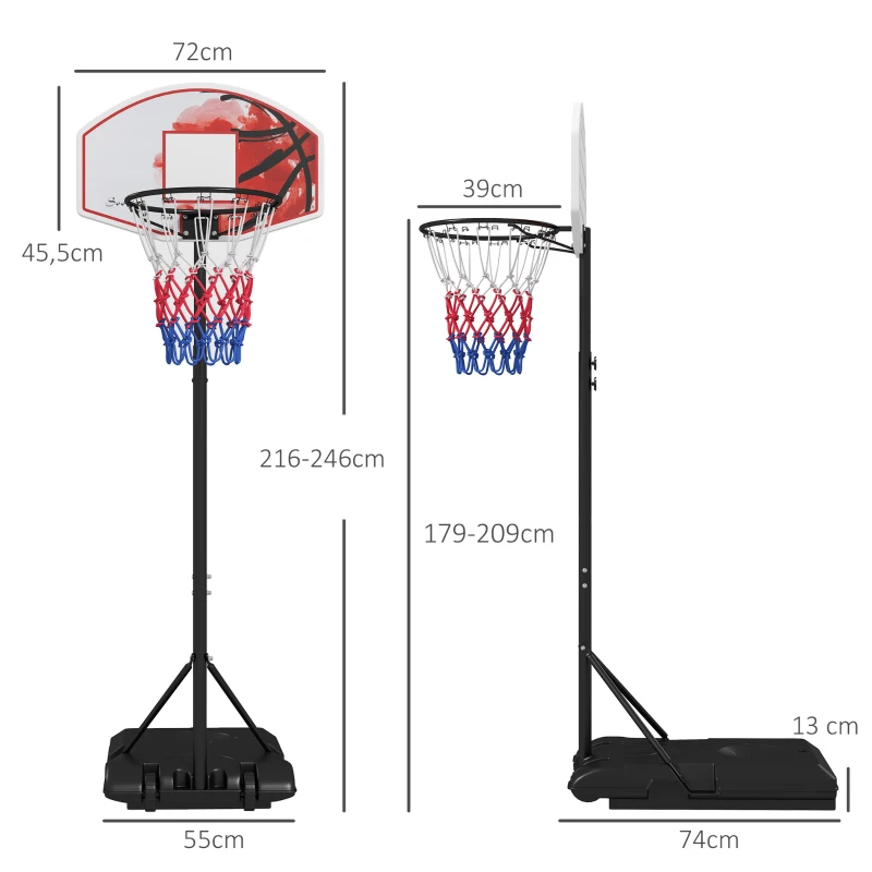 SPORTNOW Cesto de basquete ajustável em altura, independente, com rede e rodas, base grande, 179-209 cm, plástico, aço