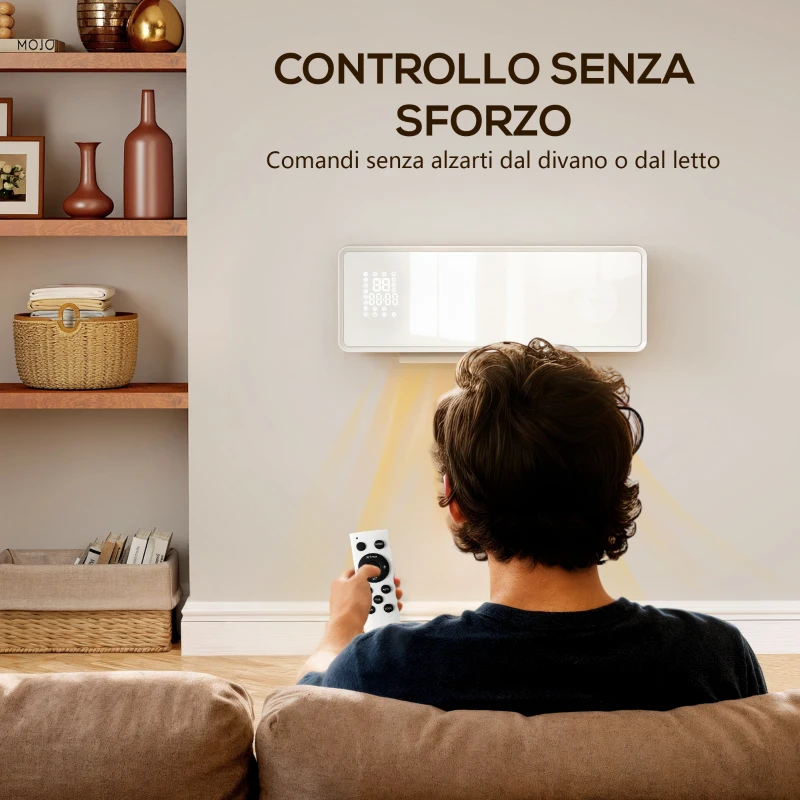 HOMCOM Stufa Ceramica 2000W a Parete con 3 Modalità, Temperatura Regolabile, Timer, Telecomando, Blocco Bambini, Bianco