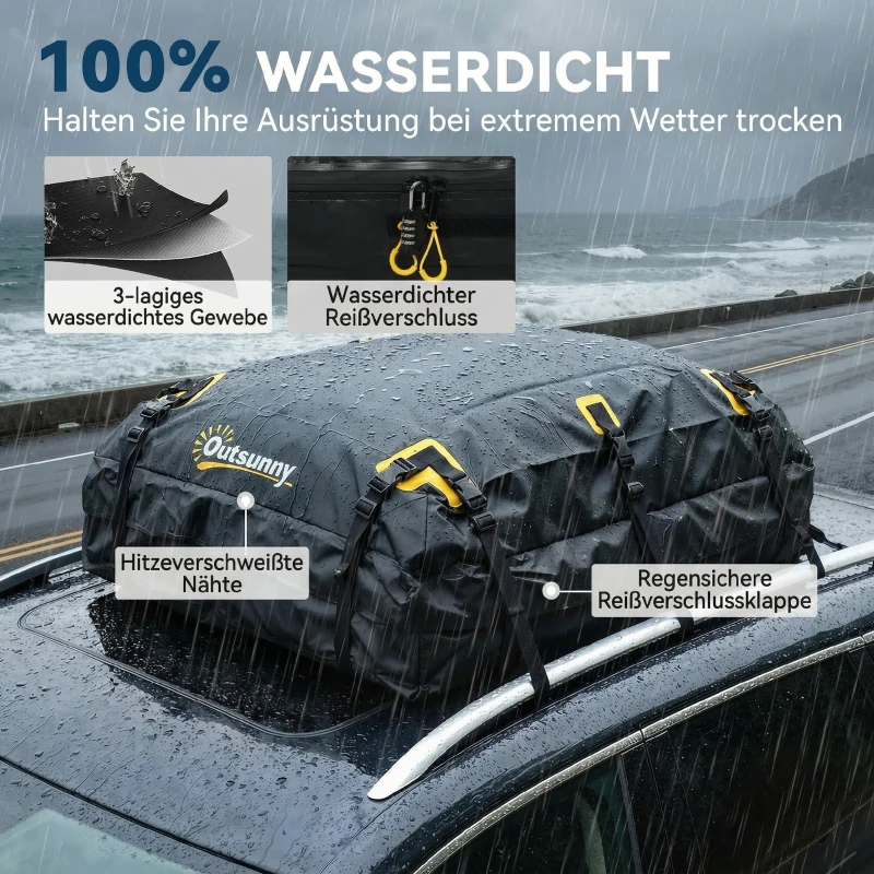 Outsunny Auto Dachbox 21 Kubikfuß Faltbar Wasserdicht Dachgepäckträger mit Anti-Rutsch-Matte 10 Schwerlastgurten 6 Türhaken