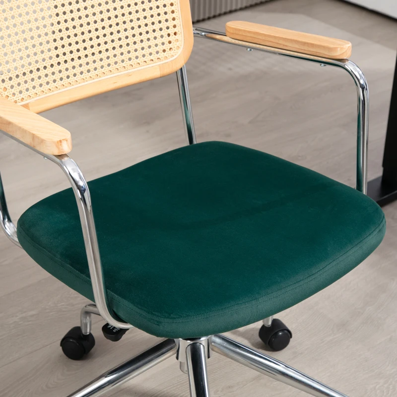 HOMCOM Cadeira de escritório, design boho, apoios de braços em madeira, giratória, ajustável, até 120 kg, aço, verde