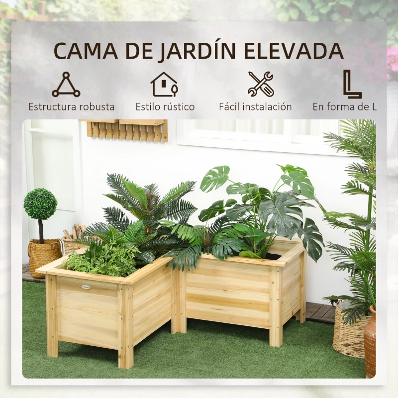 Outsunny Jardinera Elevada de Madera Macetero Exterior en Forma de L con Tela no Tejido Huerto Urbano 120x120x50 cm Natural