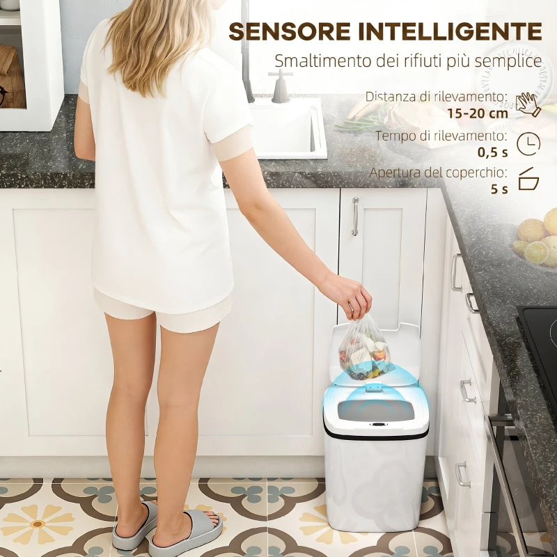 HOMCOM Pattumiera con Sensore a Infrarossi da 15L con 2 Modalità di Apertura, Superficie Anti-impronte, Bagno, Bianco