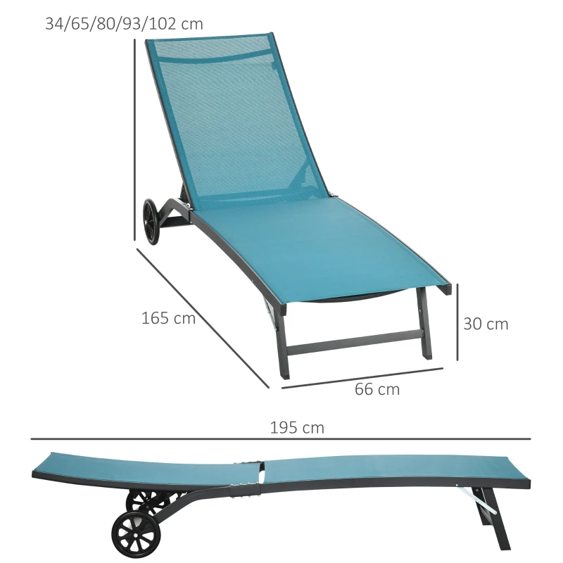 Outsunny Espreguiçadeira, encosto ajustável em 5 posições, tecido respirável, armação em alumínio, azul, 195 x 66 x 34 cm