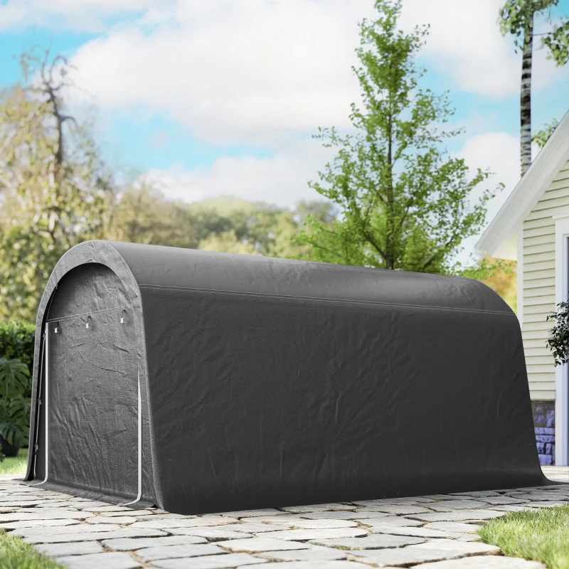 Outsunny /Abrigo de jardim com lona plástica, tenda para ferramentas, garagem montável, 300B x 450T x 230H cm, Cinza escuro