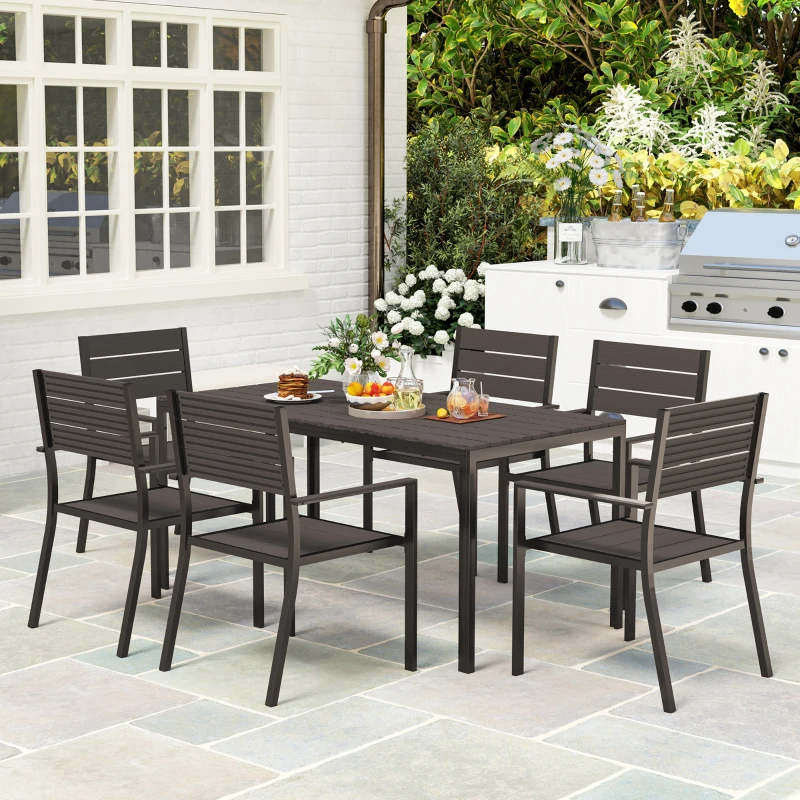 Outsunny Conjunto de 7 peças para 6 pessoas Mesa de jantar com 6 cadeiras Mesa ripada Castanho escuro