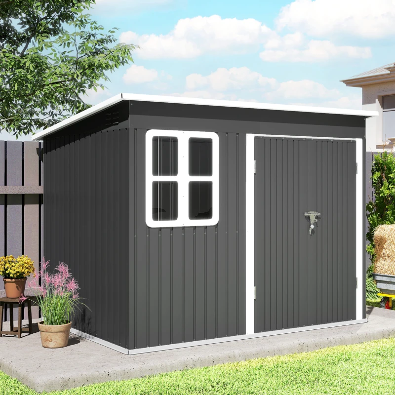 Outsunny Abrigo metálico para armazenamento de ferramentas de jardim, com janela, porta larga, 260 x 177 x 190 cm, cinza escuro