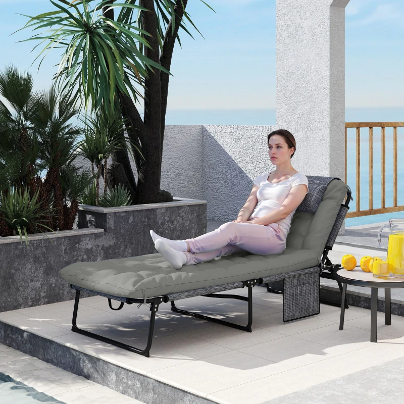 Outsunny Espreguiçadeira, encosto ajustável em 4 níveis, almofada, bolso lateral, apoio de cabeça, 68 x 189 x 33 cm, Cinza