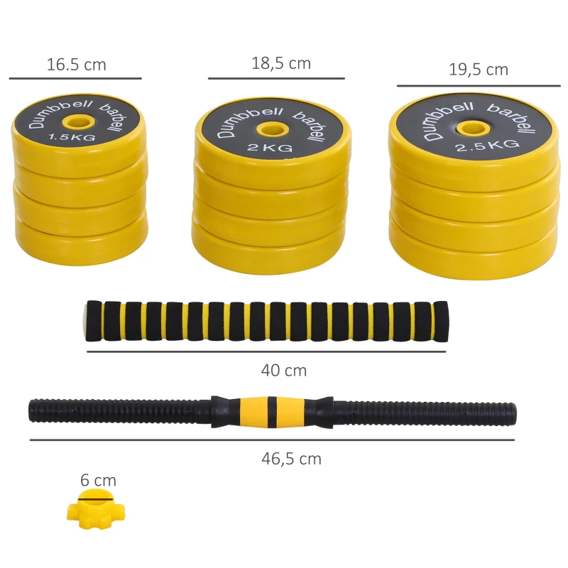 HOMCOM 25 kg Haltere & Barra, Conjunto ergonômico ajustável 3-em-1, 12 × discos, 2 × eixos curtos, 1 × eixo longo, Amarelo+Preto