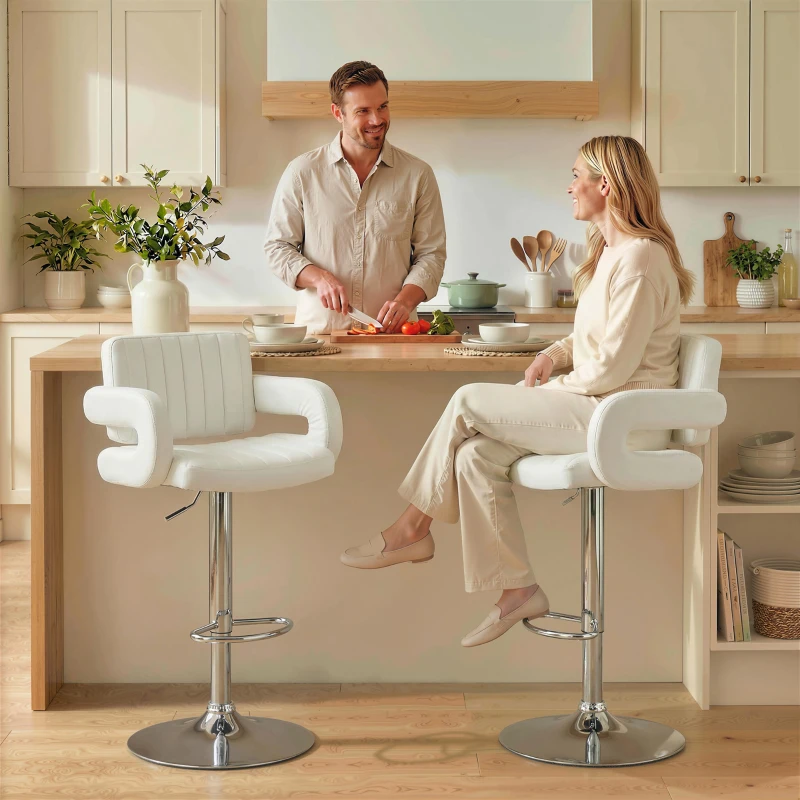 HOMCOM Bar Stools Adjustable Swivel Kitchen Chairs with Backrest Armrest Set of 2 PU Leather White
