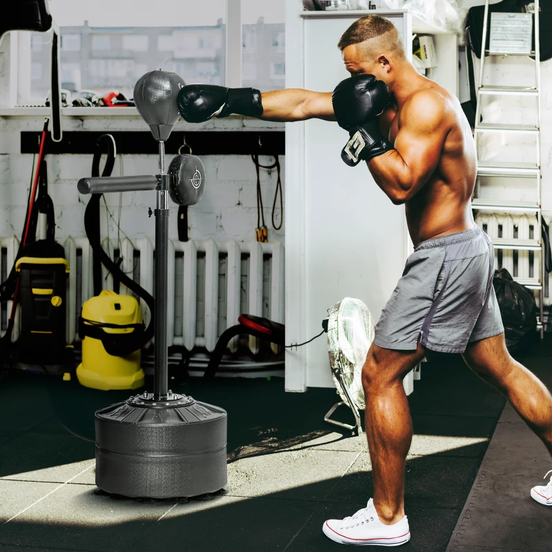SPORTNOW Punchingball ajustável em altura, giratório 360°, incl. bandagens de boxe, Preto, 80,5 x 48 x 163-205 cm