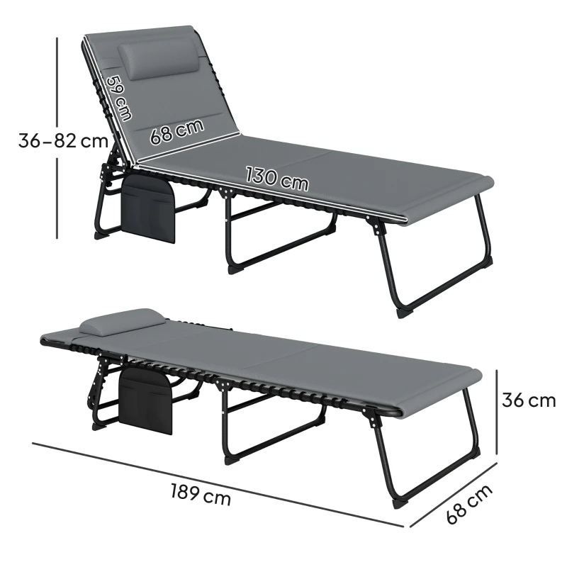 Outsunny Conjunto de 2 espreguiçadeiras dobráveis Espreguiçadeira de jardim com almofada Encosto regulável em 5 posições Bolso lateral Cinza escuro