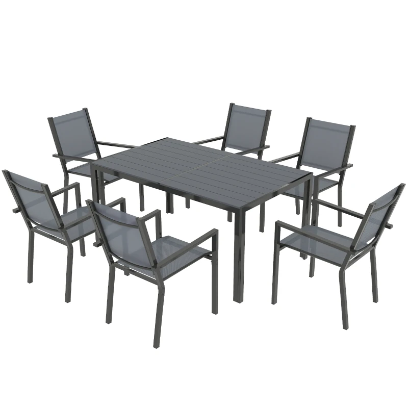 Outsunny Table de jardin extérieure avec 6 chaises empilables, plateau à lattes 150 cm, structure en acier anti-rouille, gris