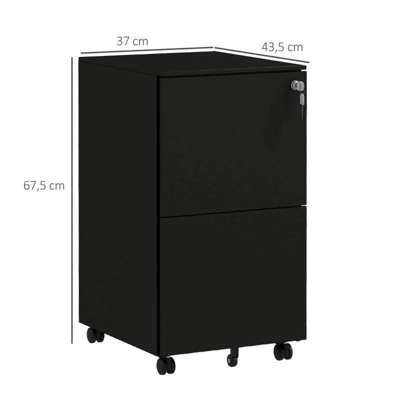 Vinsetto Gaveteiro móvel arquivo, 2 gavetas, trancável, com rodízios, 37 cm x 43,5 cm x 67,5 cm, Preto