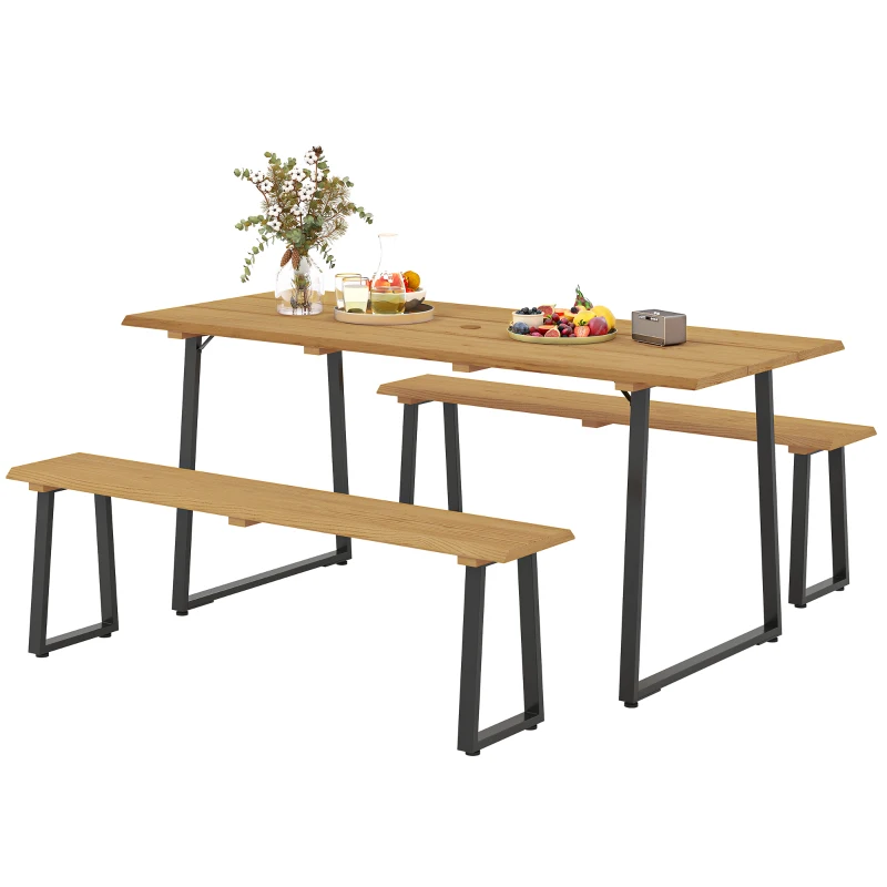 Outsunny Conjunto de Assentos 3 Peças em Madeira Conjunto de Jantar para 6 Pessoas Mesa com 2 Bancos Orifício para Guarda-sol Mesa de Madeira 178 x 76 x 77 cm Madeira Natural
