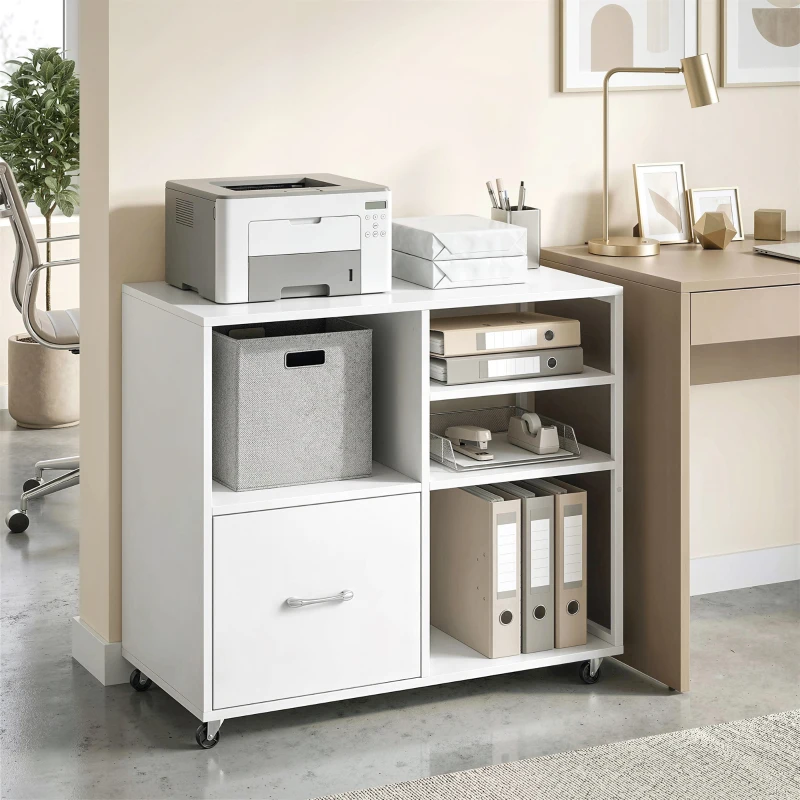 HOMCOM Mueble para Impresora con Ruedas Mesa para Impresora con Estantes Abiertos y Cajón para Documentos Tamaño A4 Blanco