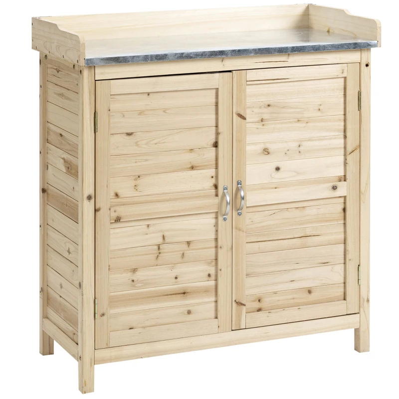 Outsunny Armário de jardim com 2 compartimentos, superfície de trabalho em metal com rebordo, Madeira natural, 83 x 40 x 92 cm