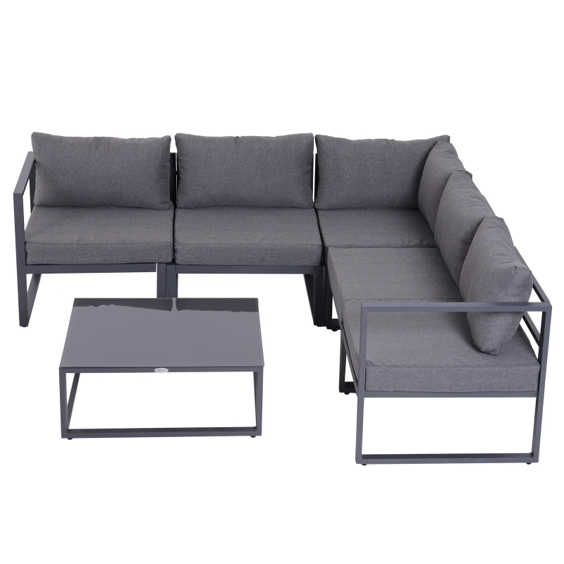 Outsunny Conjunto de Jardim 6 pçs Conjunto de Sofá Exterior Mobiliário de Jardim Alumínio + Poliéster + Vidro Temperado Cinza 4 x Poltronas 1 x Sofá de Canto 1 x Mesa de Apoio Almofadas para 4–5 Pessoas