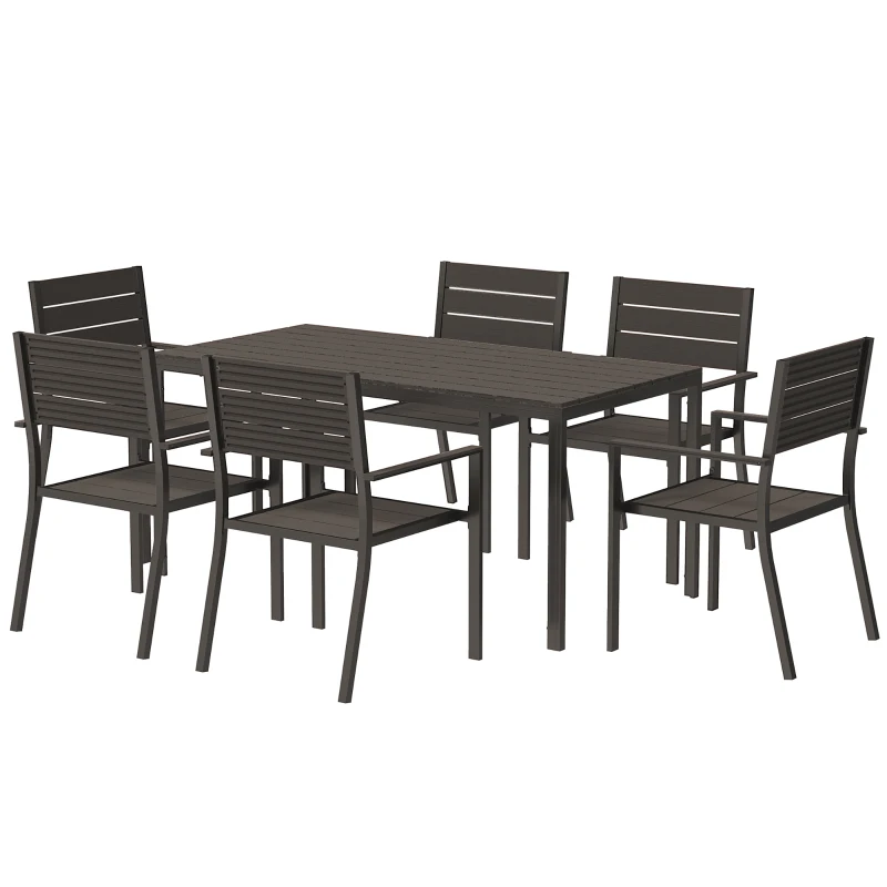 Outsunny Conjunto de 7 peças para 6 pessoas Mesa de jantar com 6 cadeiras Mesa ripada Castanho escuro