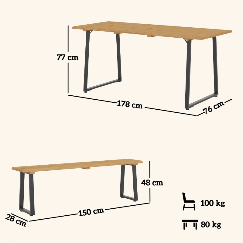 Outsunny Conjunto de Assentos 3 Peças em Madeira Conjunto de Jantar para 6 Pessoas Mesa com 2 Bancos Orifício para Guarda-sol Mesa de Madeira 178 x 76 x 77 cm Madeira Natural