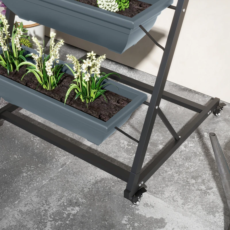 Outsunny Escada para plantas, escada de flores, estante para plantas, empilhável, resistente às intempéries, 65 x 67 x 145 cm, Cinza + Preto