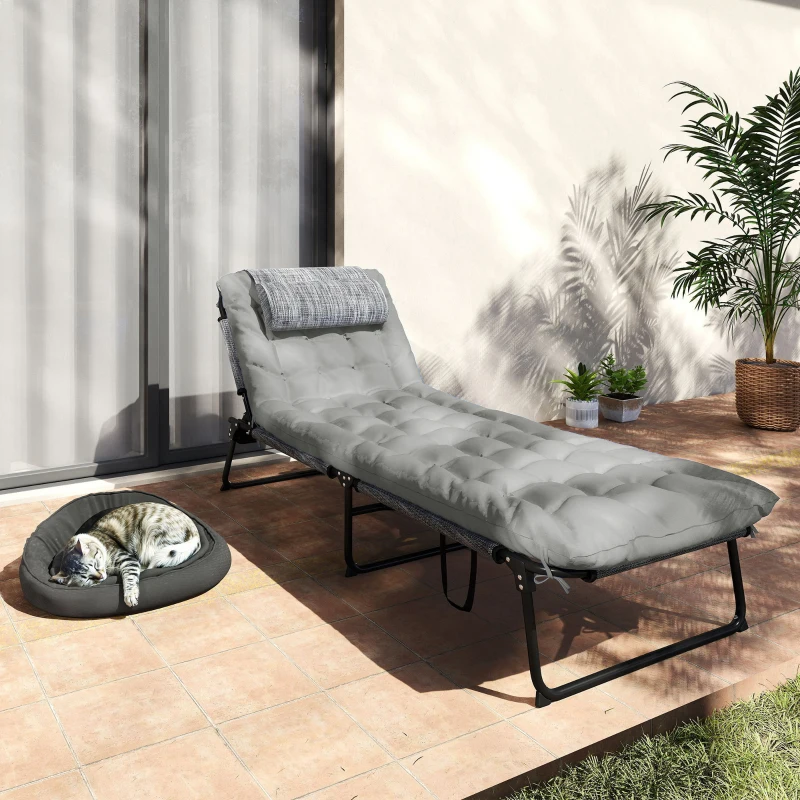 Outsunny Espreguiçadeira, encosto ajustável em 4 níveis, almofada, bolso lateral, apoio de cabeça, 68 x 189 x 33 cm, Cinza