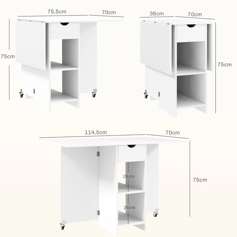 HOMCOM Mesa de jantar dobrável para 2-4 pessoas, mesa de cozinha dobrável com armazenamento, mesa extensível com rodas, Branco