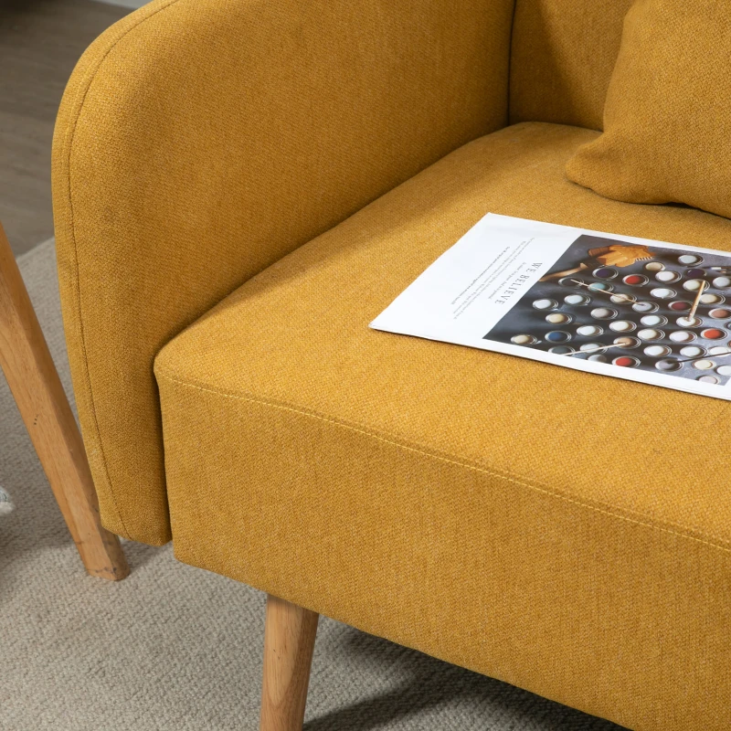 HOMCOM Sofá 2 lugares com 2 almofadas decorativas, Loveseat pequeno com acabamento em veludo, Sofá estofado moderno para sala de estar, quarto, espaços pequenos, Amarelo 130 x 70 x 80 cm