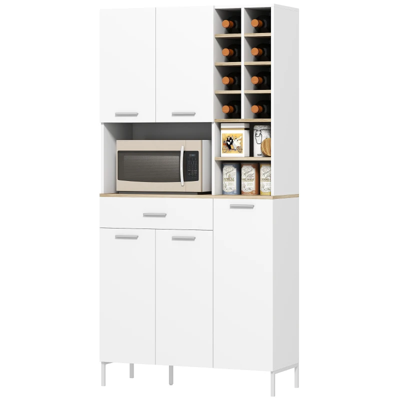 HOMCOM Armário de cozinha com prateleiras abertas, compartimentos, suporte para vinhos, despensa com 5 portas, MDF, Branco